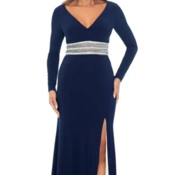 Xscape Navy Blue Rhinestone Embellished Long Sleeve Gown - Picture 1 of 5